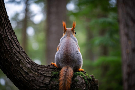 Squirrel sitting on tree trunk in forest with its backの素材