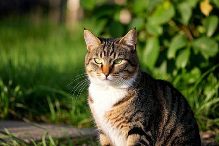 Striped cat in outdoor grassの素材