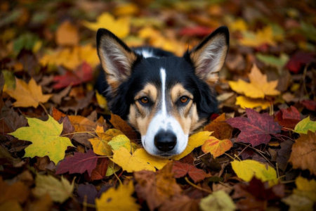 Dog lying in autumn leavesの素材