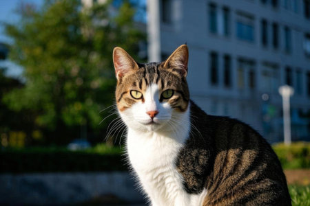 Close up of a cat in an outdoor meadowの素材