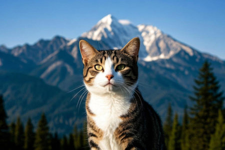 Cat close up in front of the mountain viewの素材