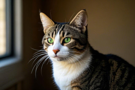 Close up of the green eyed cat by the windowの素材