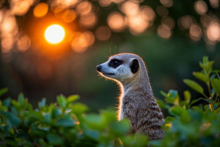 Close up of a meerkat standing at duskの素材