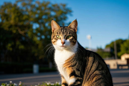 A spotted cat sitting outdoorsの素材