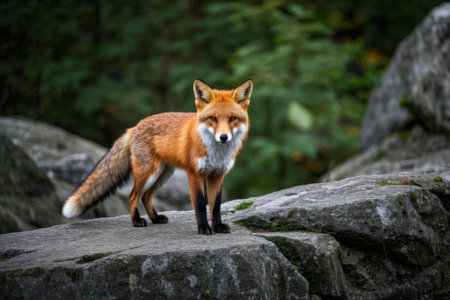 Wild fox standing on a rockの素材