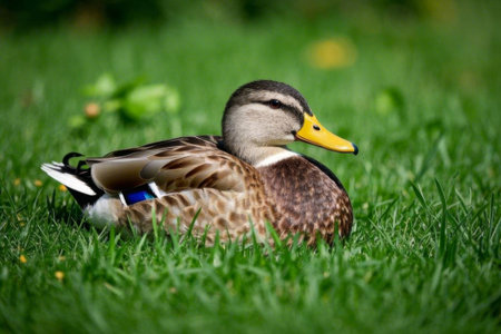 Ducks resting on the grassの素材