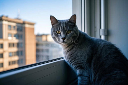 Close up of the gray cat by the windowの素材
