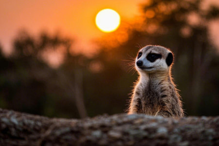 Close up of a meerkat at sunsetの素材