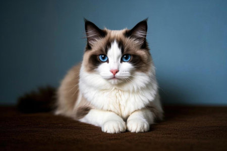 Close up of the blue eyed stuffed cat lying on its stomachの素材