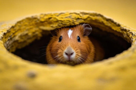 Guinea pig pokes its head out of burrowの素材