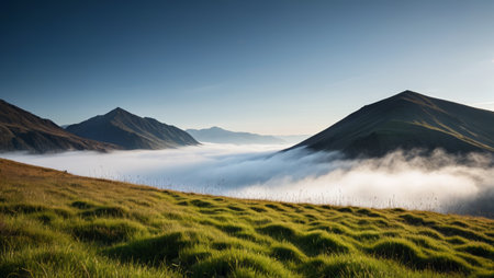 Mountain sea of clouds and grassland natural sceneryの素材