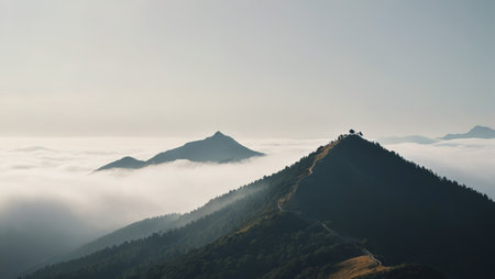 Panoramic natural scenery of mountains, clouds and seaの素材