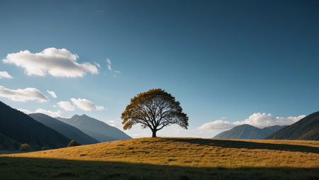 Lonely trees on the grassland and distant mountain sceneryの素材