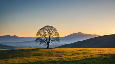 Lone trees on the grassland and distant mountain sceneryの素材
