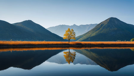 Lonely trees by the lake and reflecting scenery of distant mountainsの素材