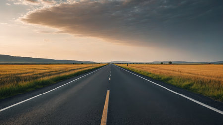 A wide road stretching out in the wildernessの素材