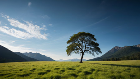 Lone trees on the grassland and distant mountain sceneryの素材