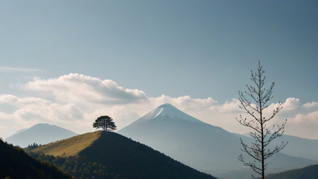 Natural scenery of isolated trees in distant mountains of Japanの素材