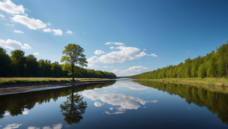 Natural riverside forest and blue sky and white clouds reflectionの素材