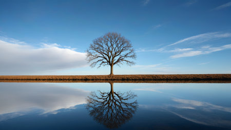 Single trees by the water and reflections in the skyの素材
