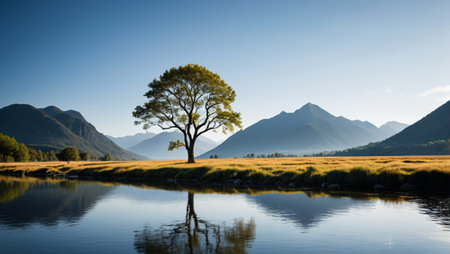 Lone trees by the lake and distant mountains of natural sceneryの素材