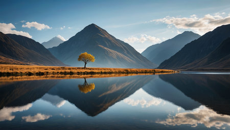 The scene of a single tree reflected on the lake in the mountains and riversの素材