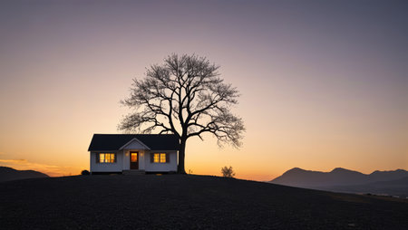 The hut and the lone tree on the hill at duskの素材