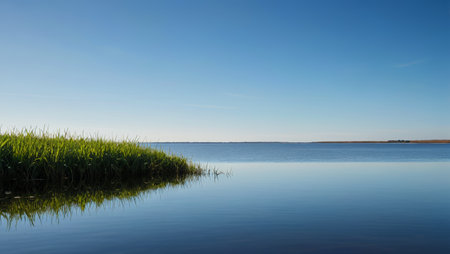 Lakeside meadows and calm lake water landscapeの素材
