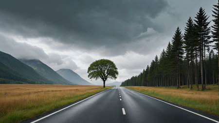 A landscape of roads and lone trees in the wildernessの素材