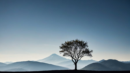 Lonely trees in the mountains and distant mountain sceneryの素材
