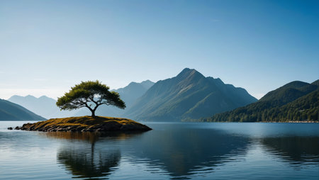 Natural scenery of a single tree on a small island in the center of the lakeの素材