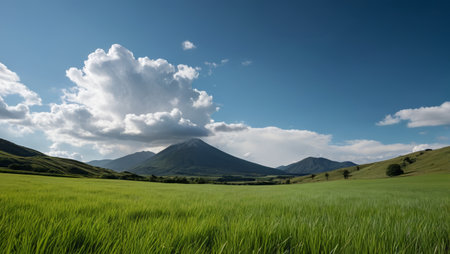Vast grasslands and distant mountains with blue sky and white cloudsの素材