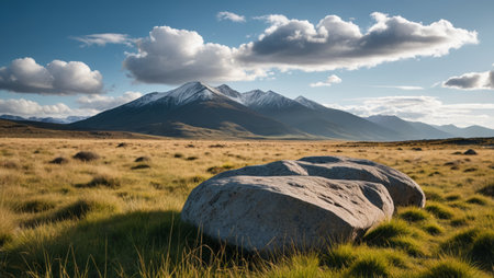 Boulders on the grassland and the distant snow capped mountainsの素材