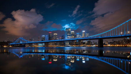 City bridges and architectural reflections at nightの素材
