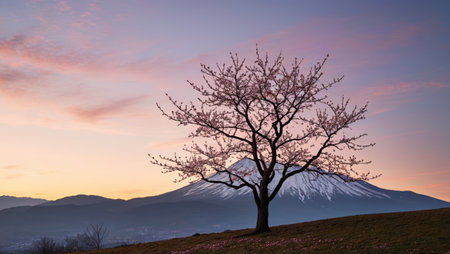 Sunset view of cherry blossoms beside Mount Fujiの素材