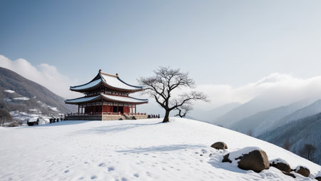 Scenery of ancient buildings on the snowy mountainの素材