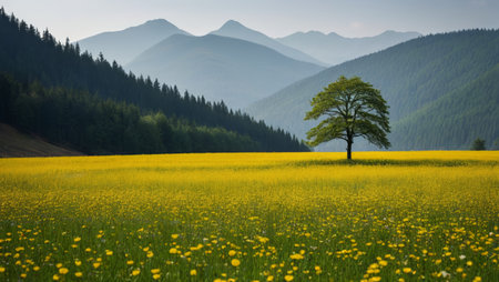 Yellow flower meadow single green tree mountain sceneryの素材