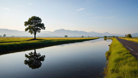 Lone tree landscape by the river in the fieldsの素材