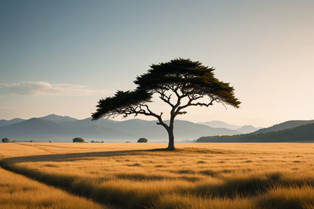 A lone man stands in the golden meadow in the wildernessの素材
