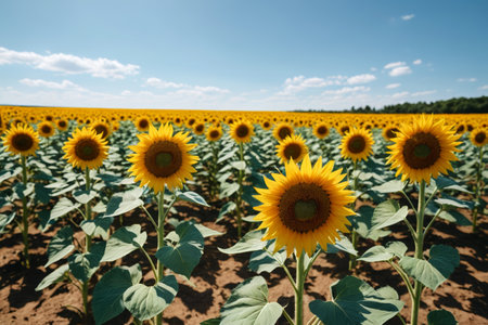 Panoramic view of sunflower farmlandの素材