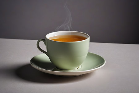 Close up of hot tea in a light green cupの素材