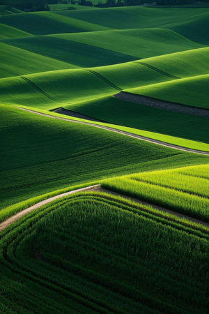 Aerial panoramic view of green rolling farmlandの素材