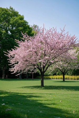 Pink cherry trees in bloom in the parkの素材