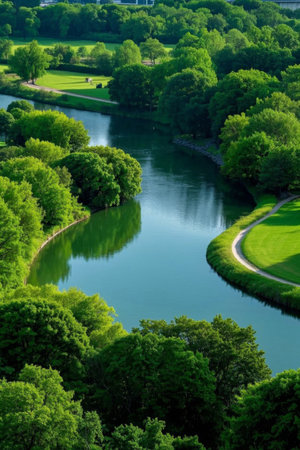 Riverbank shaded by treesの素材