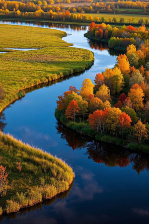 Autumn river and colorful forest sceneryの素材