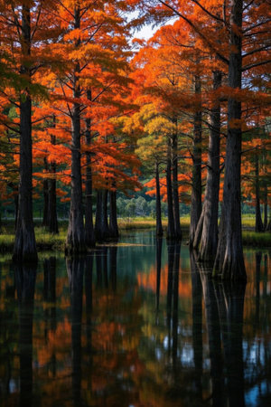 Autumn Metasequoia Forest Reflects Water Landscapeの素材