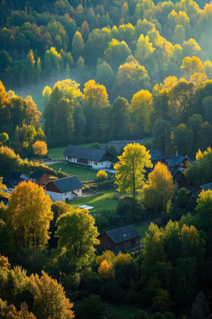 Autumn village scenery in the mountains and forestsの素材