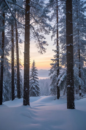 Sunrise view of snow covered forestの素材