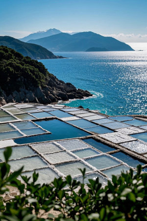 Seaside salt pans and mountain and sea sceneryの素材