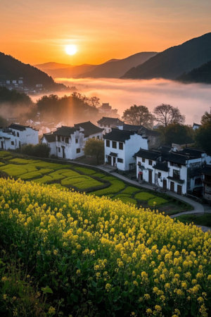 Rural sunrise rapeseed fields sceneryの素材